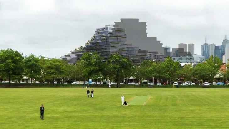 The tower Gurner says will be built in Fitzroy North; overlaid in grey is the residents' depiction of what will be built.  Photo: Floodslicer