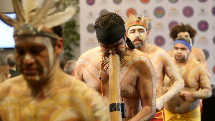 Aboriginal dancers perform at James Packer’s launch of Crown’s second Reconciliation Action Plan. Photo: Pat Scala