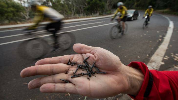 The tacks being dropped on the Yarra Boulevard in Kew. Photo: Jason South