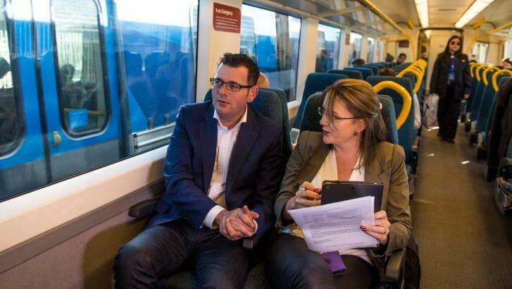 Premier Daniel Andrews and Public Transport Minister Jacinta Allan. Ms Allan has announced a trial of 24-hour public transport on weekends.  Photo: Justin McManus