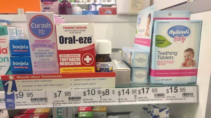 Hyland's homeopathic teething tablets and gel on sale in Melbourne. Photo: Supplied