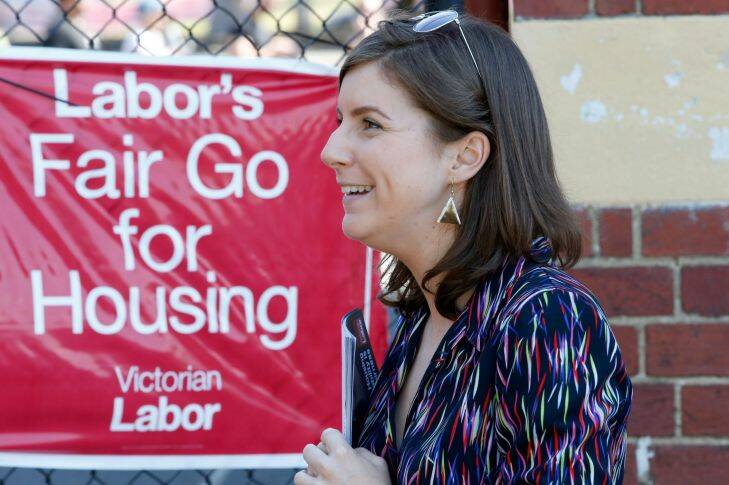 MELBOURNE, AUSTRALIA - November 18 . Labor candidate in the Northcote by election, Clare Burns hands out how to vote cards at Thornbury primary school on November 18, 2017 in Melbourne, Australia. (Photo by Darrian Traynor)