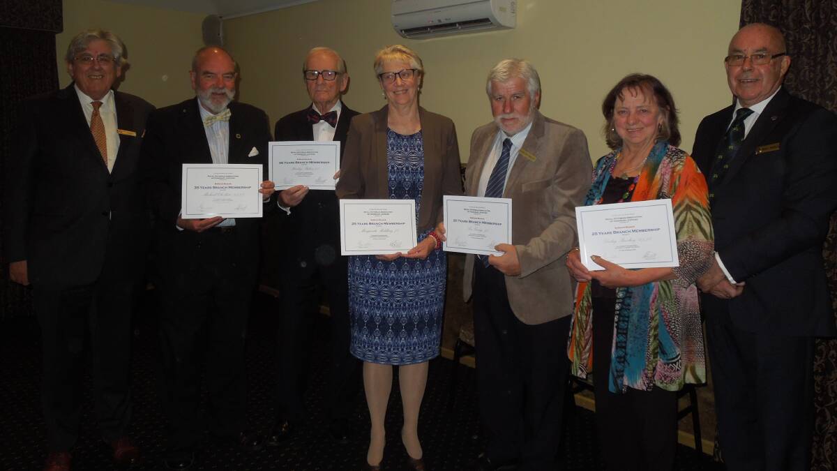 Left to right: Norman Wittingslow JP, president Royal Victorian Association of Honorary Justices; Michael Cheshire BJ (Retired) JP; Stanley Parker JP; Marguerite Middling JP; Lesley George JP; Desley Beechey BJ JP and Bryan Nicholls JP, chairman Ballarat Branch Royal Victorian Association of Honorary Justices. Photo: Joy Cheshire