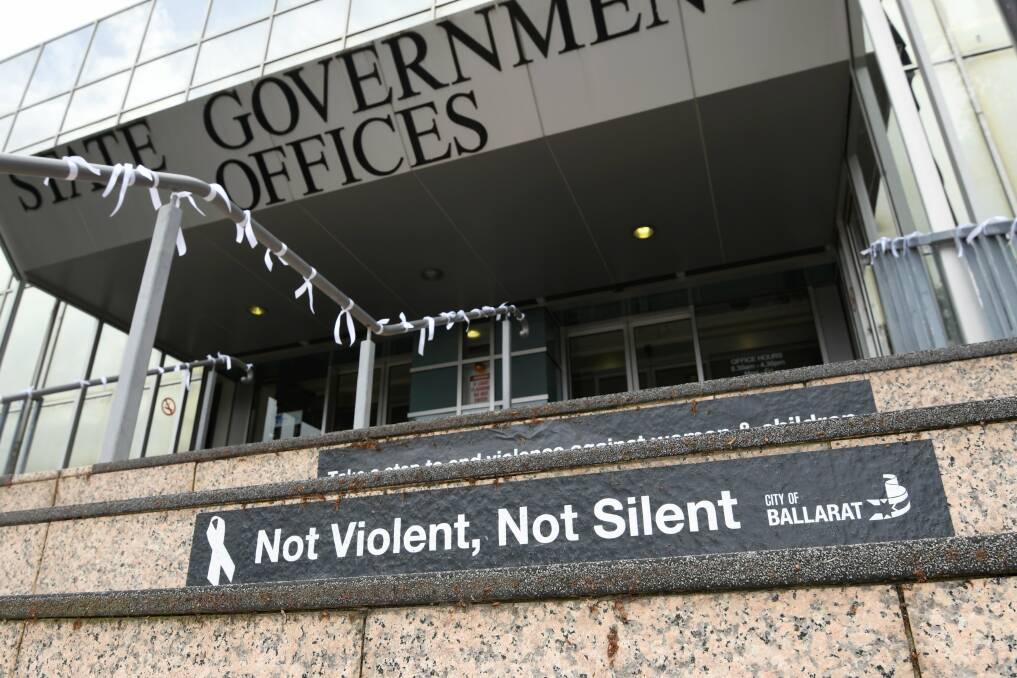 State Government Offices decorated with White Ribbons. Picture: Lachlan Bence