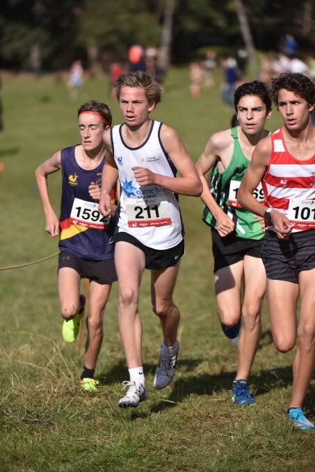 IN FORM: Harry Sharp leads the pack in the Athletics Victoria XCR's under-16 3km race. His first-place finish kicks off his winter season of cross country events. Pictures: Neville Down