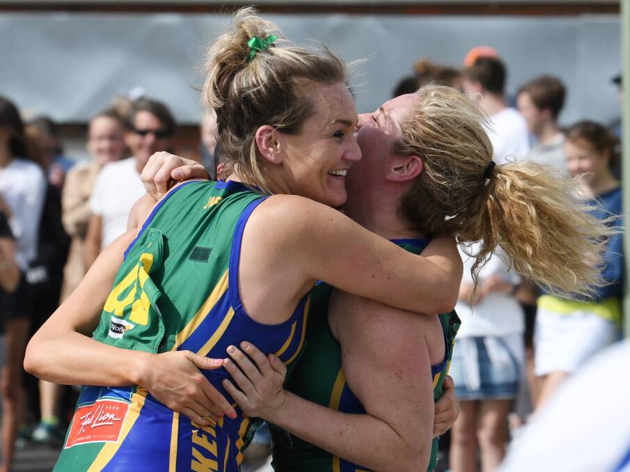 REWARDED: Lake Wendouree's Jacqui Clifton, Madeline Wallis and Courtney McLean celebrate winning the B grade premiership. Picture: Kate Healy
