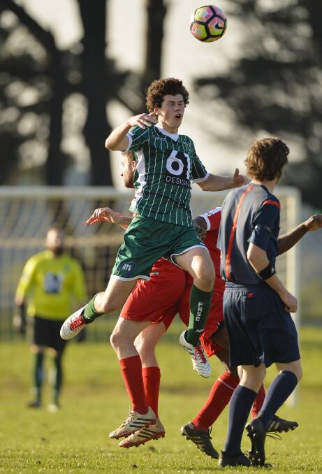 DESPERATION: The Forest Rangers' William Koerner attempts to head the ball during the round five match against Ballarat Red at Wendouree West Reserve.