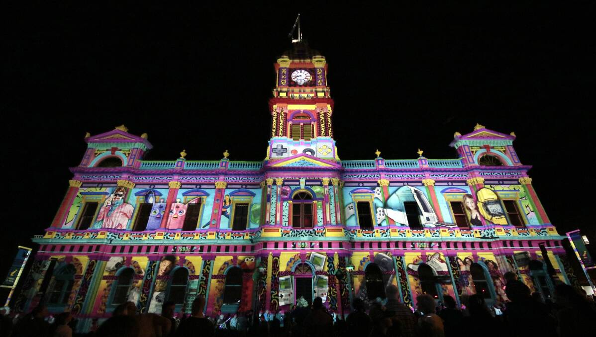 PROJECTION: Ballarat's Town Hall was one of the additional buildings lit up this year attracting crowds of onlookers. Picture: Dylan Burns