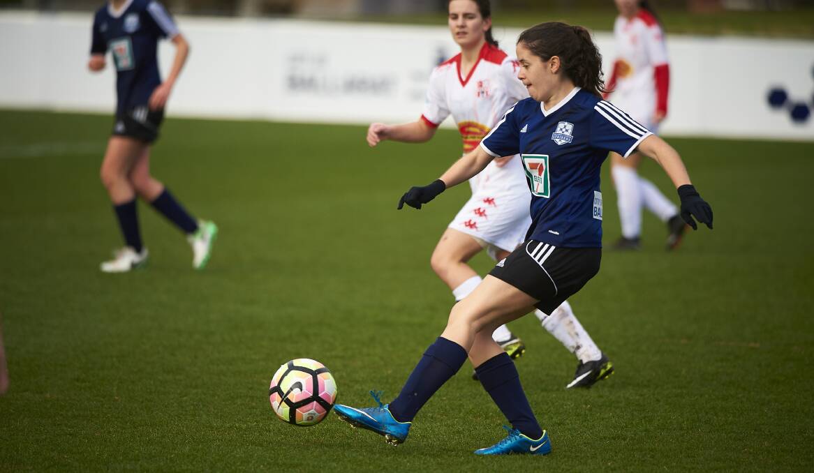 DETERMINED: Sarah Dalgleish was one of few highlights for the Eureka Strikers last weekend, as one of two goal scorers against a dominant South Yarra outfit. Picture: Luka Kauzlaric 