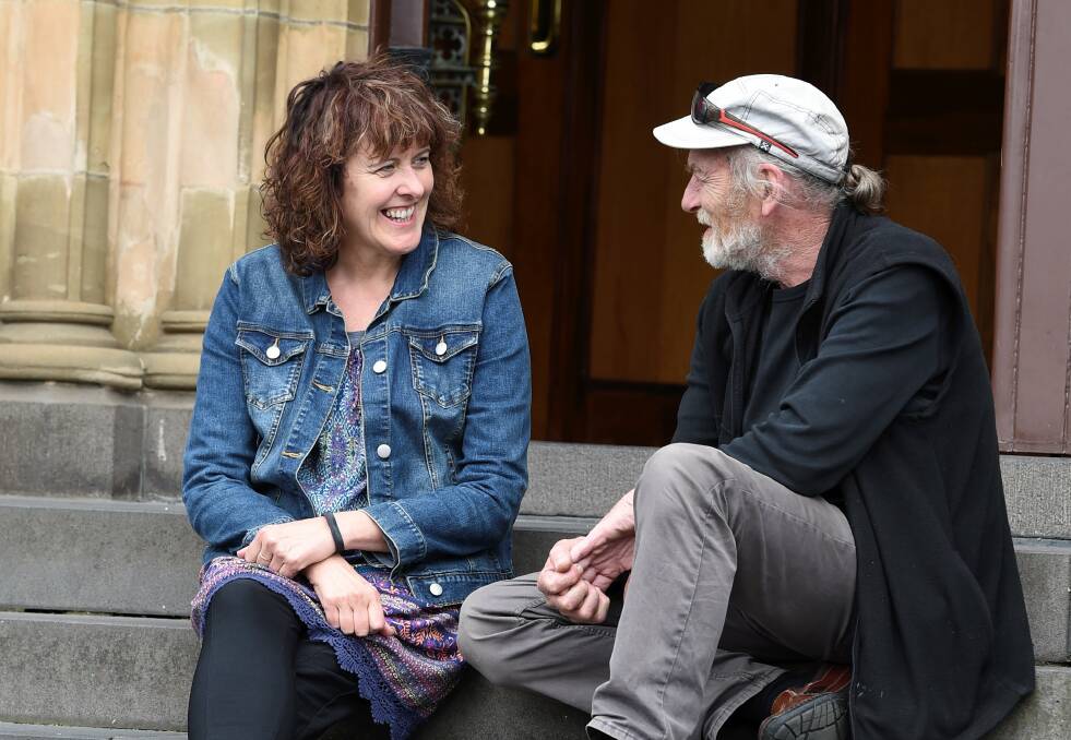 FORMING CONNECTIONS: Loud Fence founder Maureen Hatcher, pictured with clergy abuse survivor Paul Auchettl, says she has gotten to know the people behind the stories during the royal commission. Picture: Lachlan Bence 
