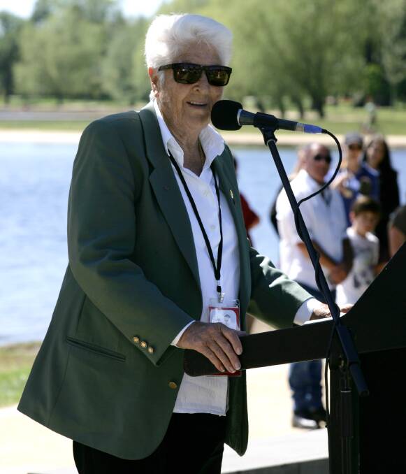 MILESTONE: Australian swimming champion Dawn Fraser addresses the crowd during the Olympic 60th anniversary celebrations at the Olympic Precinct, Lake Wendouree. Picture: Craig Holloway