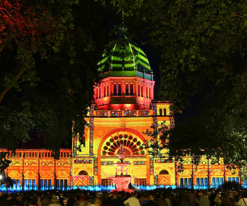 ART: The Pitcha Makin Fellas' OCUBO is projected onto the Royal Exhibition Building as part of White Night Melbourne. Picture: Graham Denholm/Getty Images