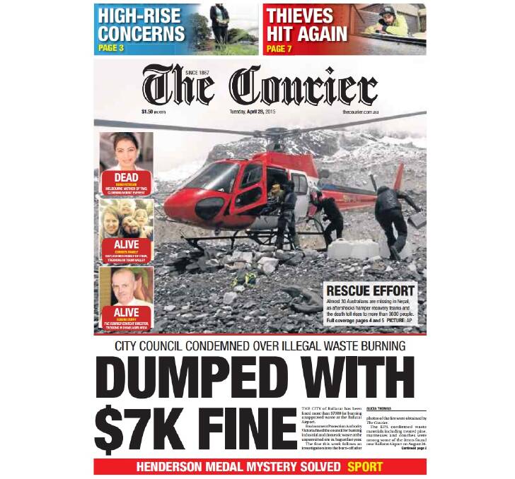 Ballarat Courier front page April 28, 2015