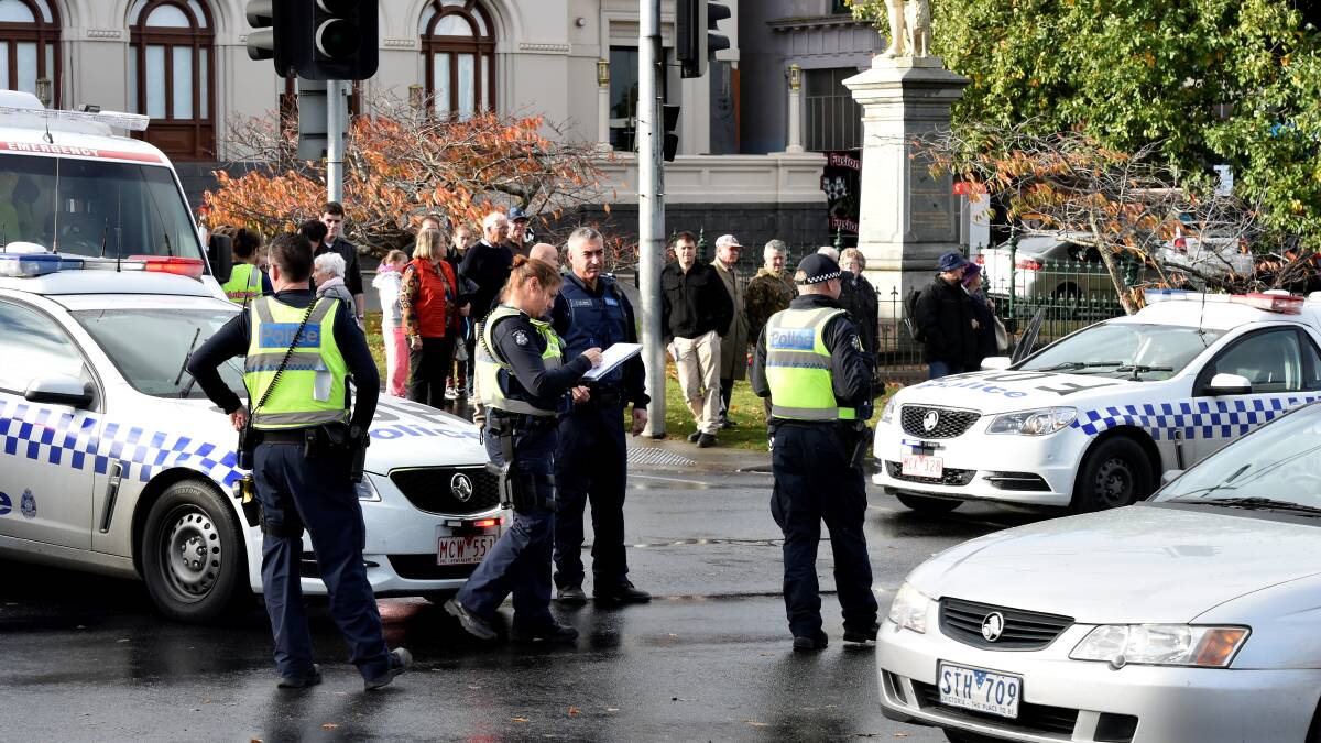 A BALLARAT police officer behind the wheel of a patrol car that collided with three pedestrians has been pulled from the road. PICTURE: JEREMY BANNISTER