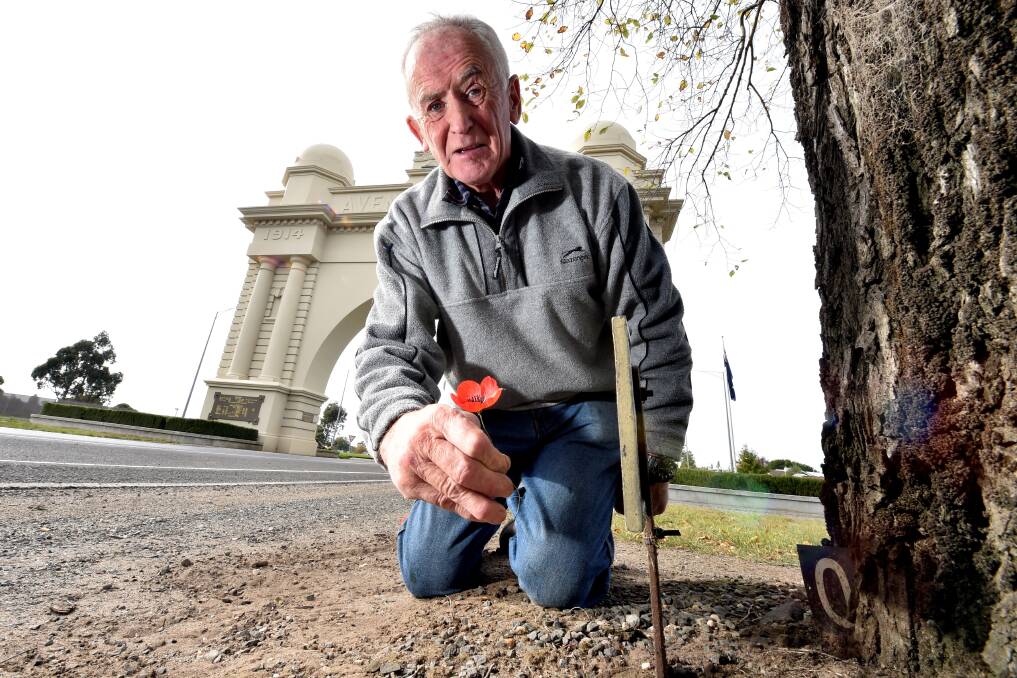 POPPY AVENUE: Haddon and District Lions Club member Chris Rigg with one of the 3000-plus poppies that Phoenix P-12 Community College and Ballarat Specialist School students will place at memorial plaques on Ballarat’s Avenue of Honour. 
Picture: Jeremy Bannister
