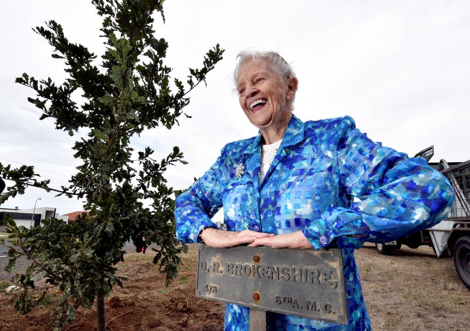 Proud: Betty Brown, 87, with her father David Brokenshire’s tree on the Avenue of Honour in Alfredton. PICTUREs: JEREMY BANNISTER