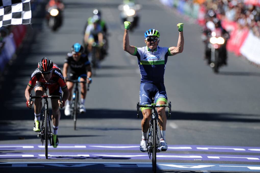 Better times: Simon Gerrans  wins the Cycling Australia Road National Championships men’s elite road race at Buninyong earlier this year, seconds ahead of Cadel Evans . PICTURE: JUSTIN WHITELOCK