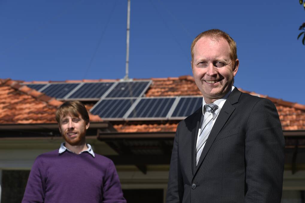 Solar uncertainty: Greens Candidate for Buninyong Tony Goodfellow and Greens leader Greg Barber. PICTURE: JUSTIN WHITELOCK