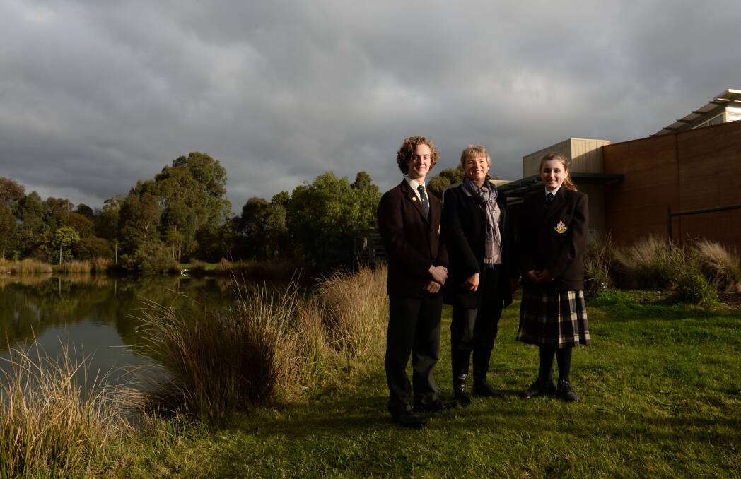 VISIT: Ry Parrott, Janet Rice and Abbey Miller at Ballarat Grammar. PICTURE: ADAM TRAFFORD