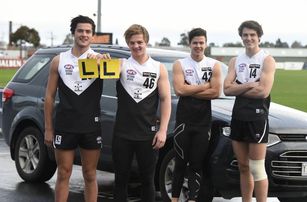 Safety first: North Ballarat Rebels players Jackson Carrick, Ryan Thompson, Alex Ross and Sam White with their L-plates. PICTURE: JUSTIN WHITELOCK