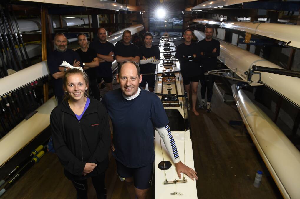 Masters of their game: Rowers, from back left, Dean Kittelty, Haydn Swan, Matthew Holloway, Andrew Leehane, Nathan Sims, Ian Peele and Daniel Maloney; front, cox Zoe Wilson and Jamie McDonald. PICTURE: JUSTIN WHITELOCK