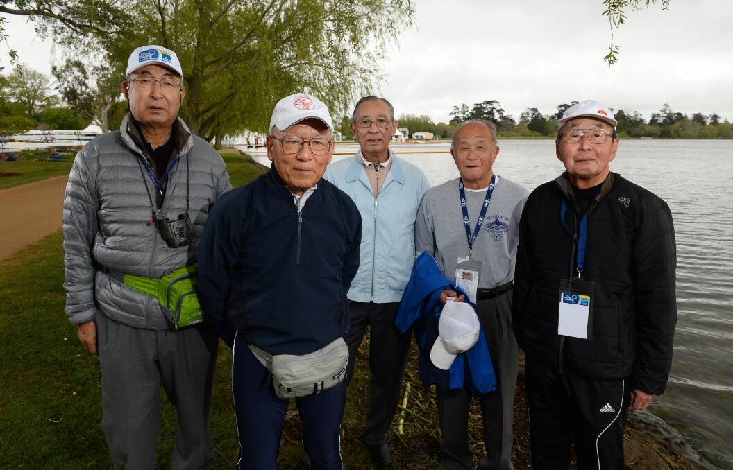 Together again: Masao Hara, Tohru Sasaki (reserve for original eight), Yasukuni Watanabe, Yozo Iwasaki and Kazuo Obatal (boat designer for original eight). PICTURE: ADAM TRAFFORD