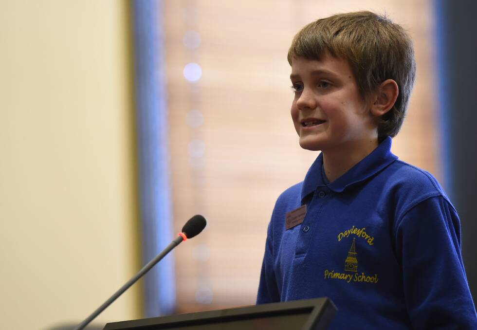 Making a point: Daylesford Primary School grade 6 pupil Cooper Harwood presents his case at the 2014 Royal South Street Debating Challenge.
PICTURES: JUSTIN WHITELOCK