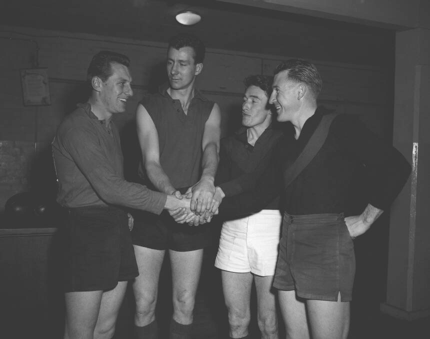 MATES: Geoff Tunbridge, second from right, with Melbourne teammates Don Williams, Bob Johnson, and John Beckwith in 1958. 