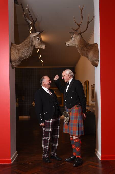 CULTURE: Former editor of The Age Ranald Macdonald and former prime minister Malcolm Fraser at the opening of Scottish exhibition For Auld Lang Syne at The Art Gallery of Ballarat last night. PICTURE: JUSTIN WHITELOCK