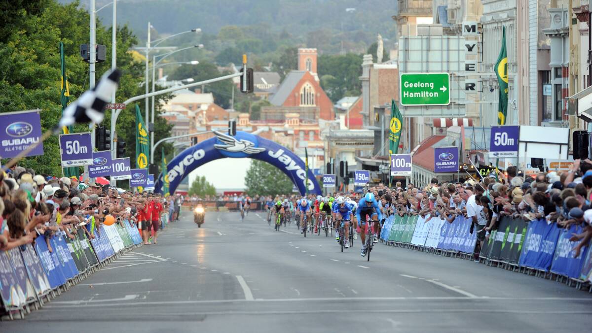 Heading for home: Steele Von Hoff leads the charge to the line in this year’s elite men’s criterium in Sturt Street.