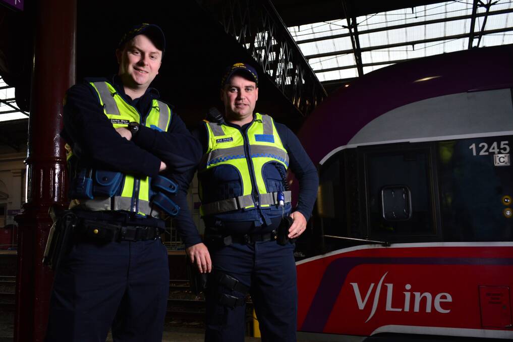 ON PATROL: Protective Services Officers Lachie Worn and Nick Derecki on patrol at Ballarat Railway Station. PICTURE: DYLAN BURNS