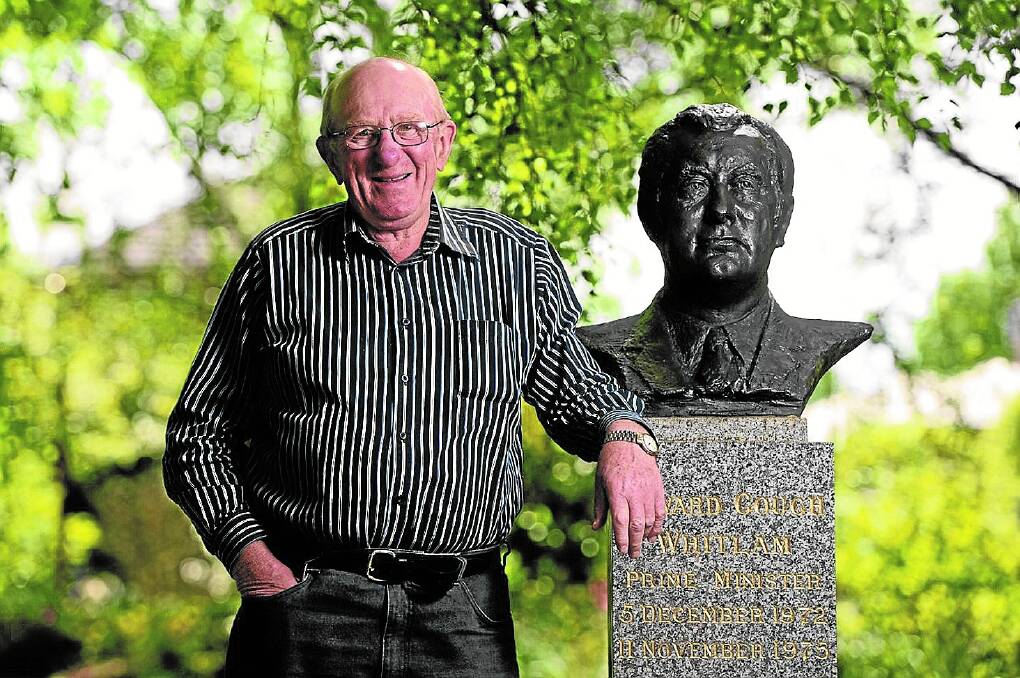 Modern touch: Former Labor member for Ballarat South Frank Sheehan with Mr Whitlam’s bust at the Ballarat Botanical Gardens.
