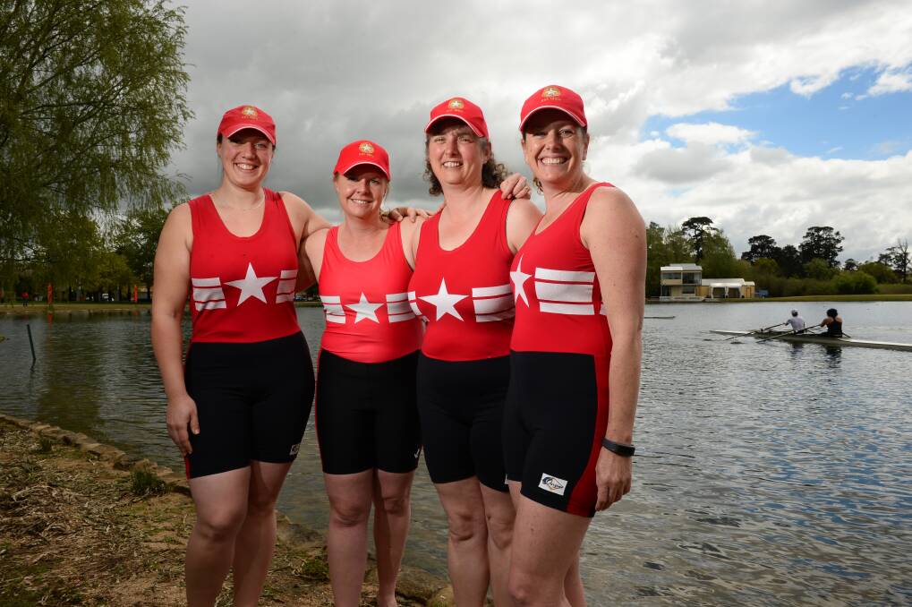 World Masters Rowing action is set to hit the water at Lake Wendouree with this Wendouree-Ballarat crew, comprising Jenn Atchison, Kelly Steegstra, Rita Brown and Nadene Murfett, among the first hometown athletes in action. Competitors have spent time fine-tuning their race and testing out Ballarat conditions. Now it is time to row for world gold. Picture: ADAM TRAFFORD