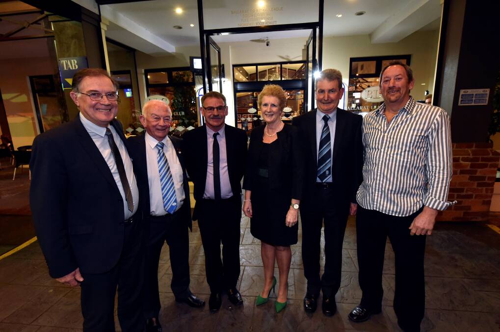 Honour: BFL Hall of Fame inductees, from left, Ian Pym, Bill Bruhn, David Jenkins, Sally McLean, Michael Hallahan and Michael Roche representing his late father Danny. PICTURE: JEREMY BANNISTER