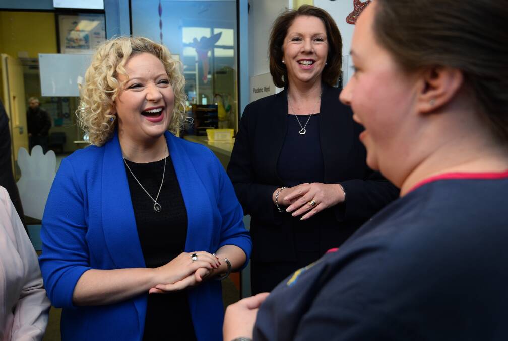 Cuts slammed: Victorian Health Minister Jill Hennessy visits the Ballarat Base Hospital with federal Ballarat MP Catherine King and associate nurse unit manager Emily Veal. PICTURE: ADAM TRAFFORD