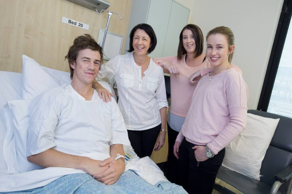 Recovery: Cameron Dunne with his mum Sharyn Dunne, his sister Alison Dunne and Bianca Leonard. Picture: Shawn Smits