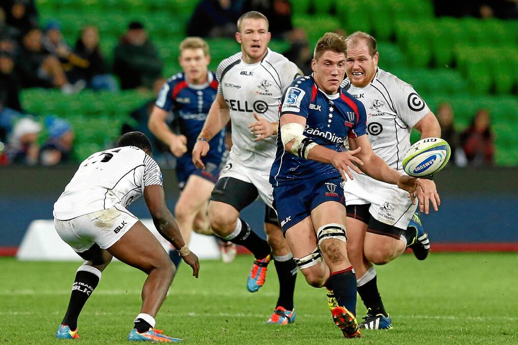 Incoming: Melbourne Rebels rising star Sean McMahon fires off a pass against the Sharks last year. He is one of four players who will host a clinic in Ballarat on Wednesday.
PICTURE: GETTY IMAGES