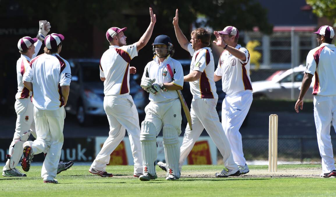 Close to success: Brown Hill celebrate after claiming the wicket of Napoleons-Sebastopol’s Jacob Eyers on day one at the Eastern Oval. Picture: Lachlan Bence
