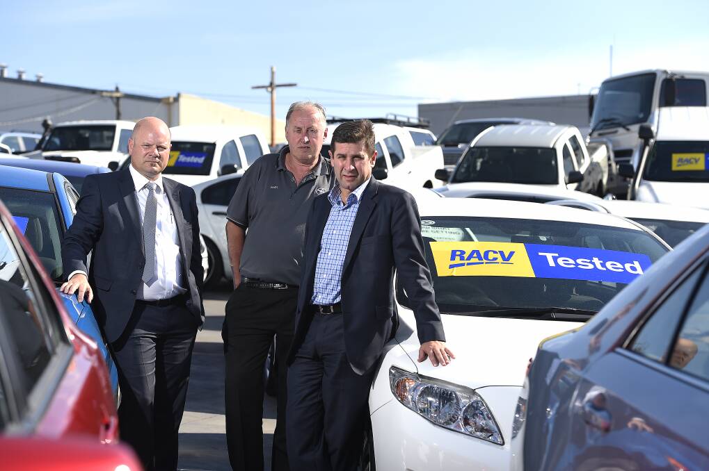 United front: Ballarat car dealers unite against a government proposal to allow direct importing of secondhand cars into Australia. They are, from left, Mercedes Benz Ballarat dealer principal Justin Mitchell, Ballarat Toyota general manager Daryl Crawley and dealer principal of Audi Centra Ballarat, Ballarat Holden and Ballarat Subaru Chris Alizzi. PICTURE: JUSTIN WHITELOCK