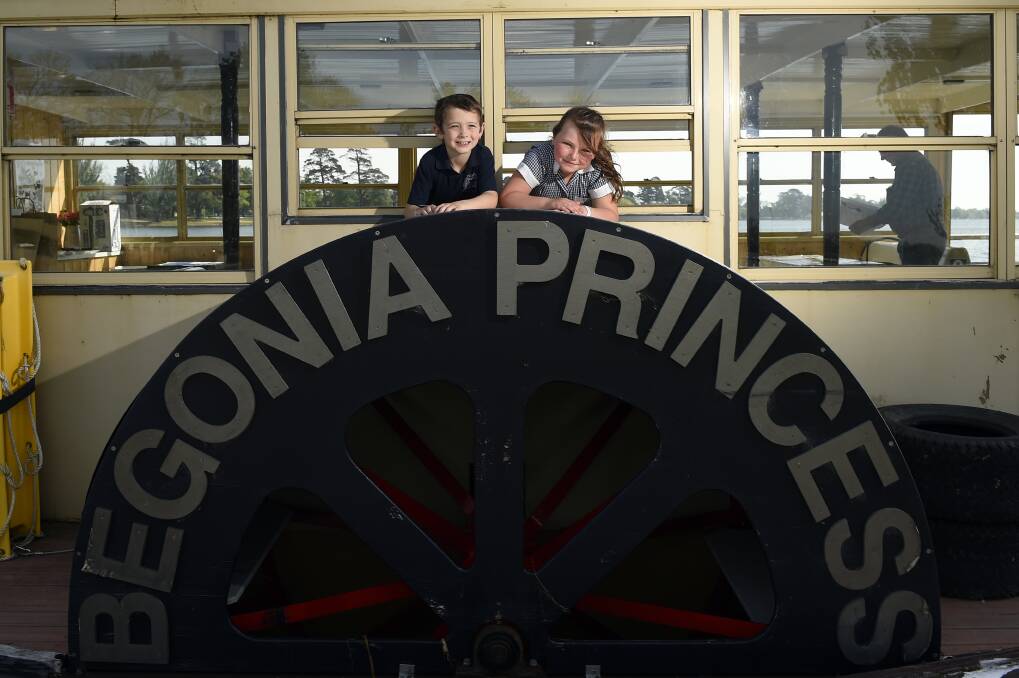 Class on water: Trawalla Primary School pupils Seth, 7, and Ada, 6, on the Begonia Princess. PICTURE: JUSTIN WHITELOCK