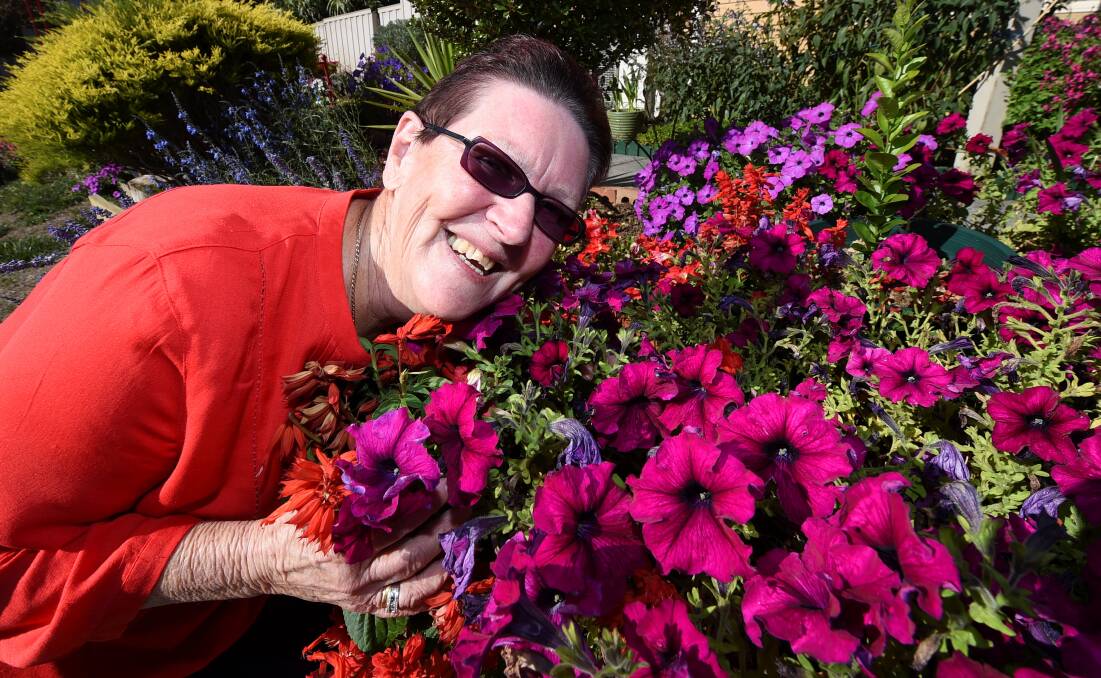 Pride of place: Keen gardener Doreen Floyd in her award-winning garden, and below, some of the many garden beds full of plants. PICTURES: LACHLAN BENCE