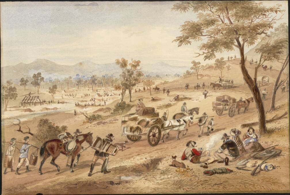 Early days: A painting by Samuel Thomas Gill, 1818-1880, of the rush to the Ballarat goldfields in 1854. PICTURE: National Library of Australia