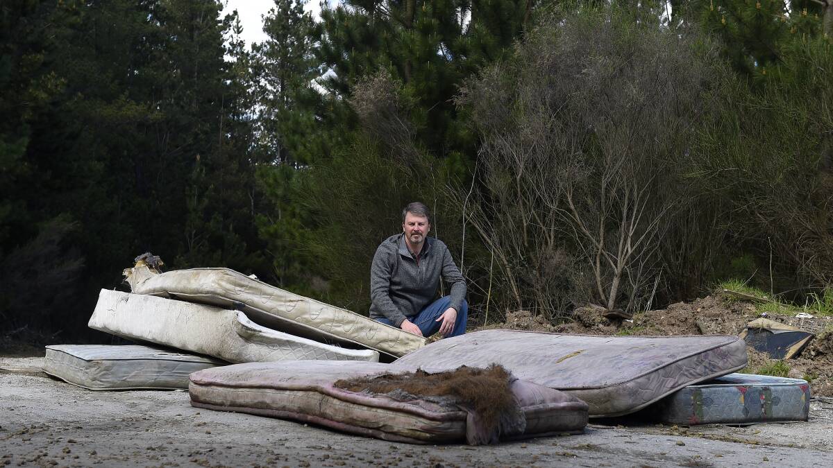 Resident Darryl Schulze with illegally dumped mattresses in the Mount Pleasant pine plantation.