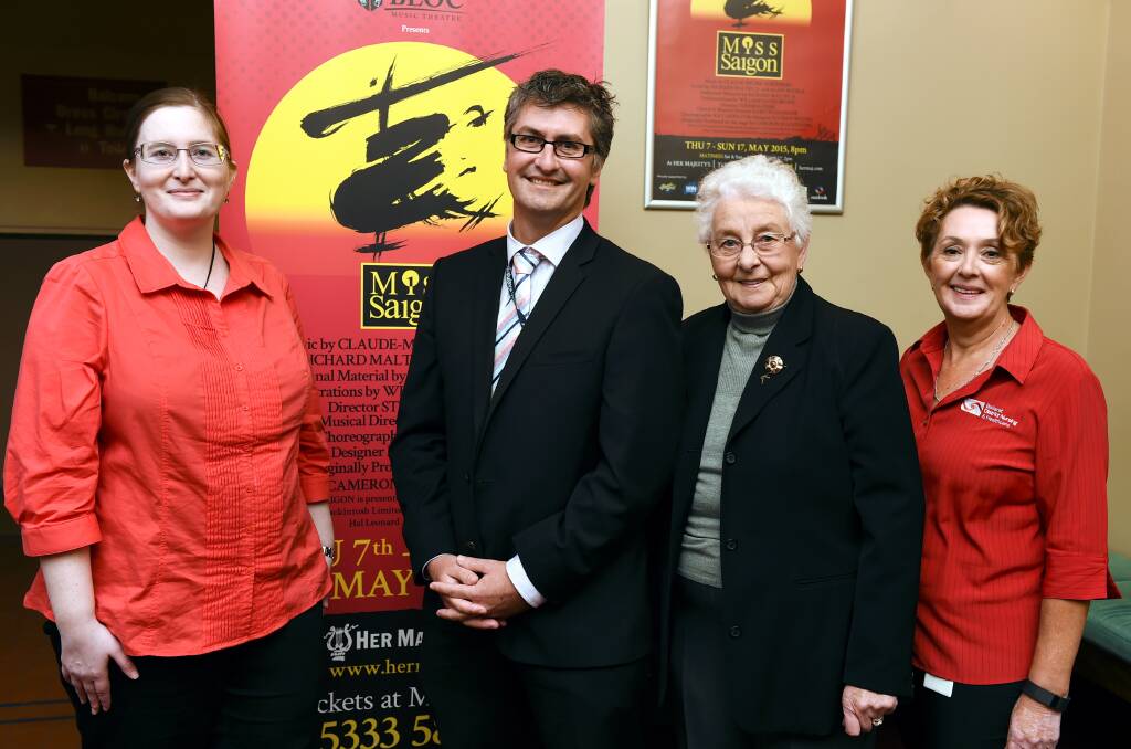 Good cause:  Ballarat Light Opera Company president Jason Muller discusses the donation to Ballarat District Nursing and Health from BLOC’s opening night of Miss Saigon with BDNH secretary Sarah Morey, Friends of BDNH co-ordinator Barbara Hughes and BDNH director of community care Janie Hourigan. PICTURE: LACHLAN BENCE