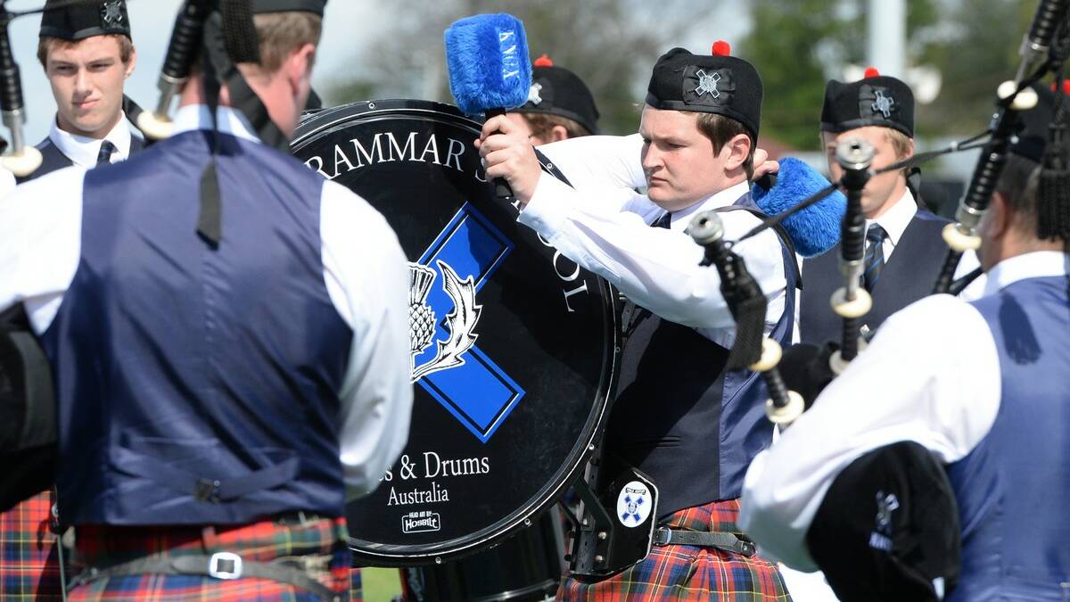 Michael McLoughlin (Knox Grammar Pipes and Drums) - Australian Pipe Band Championships at Eureka Stadium. Picture Kate Healy 