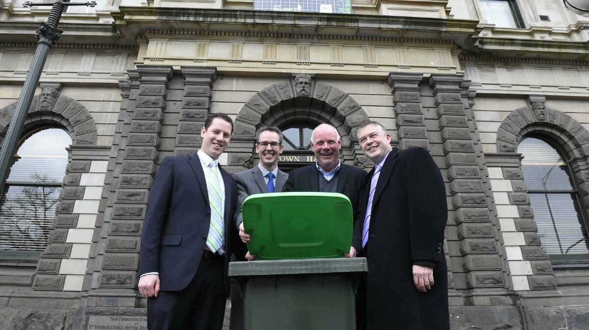 Mayor Joshua Morris,  Liberal Candidate for Buninyong Ben Taylor, Liberal Candidate for Wendouree Craig Coltman and Minister for Environment and Climate Change Ryan Smith at the launch of Ballarat's greenwaste initiative. Picture: Justin Whitelock