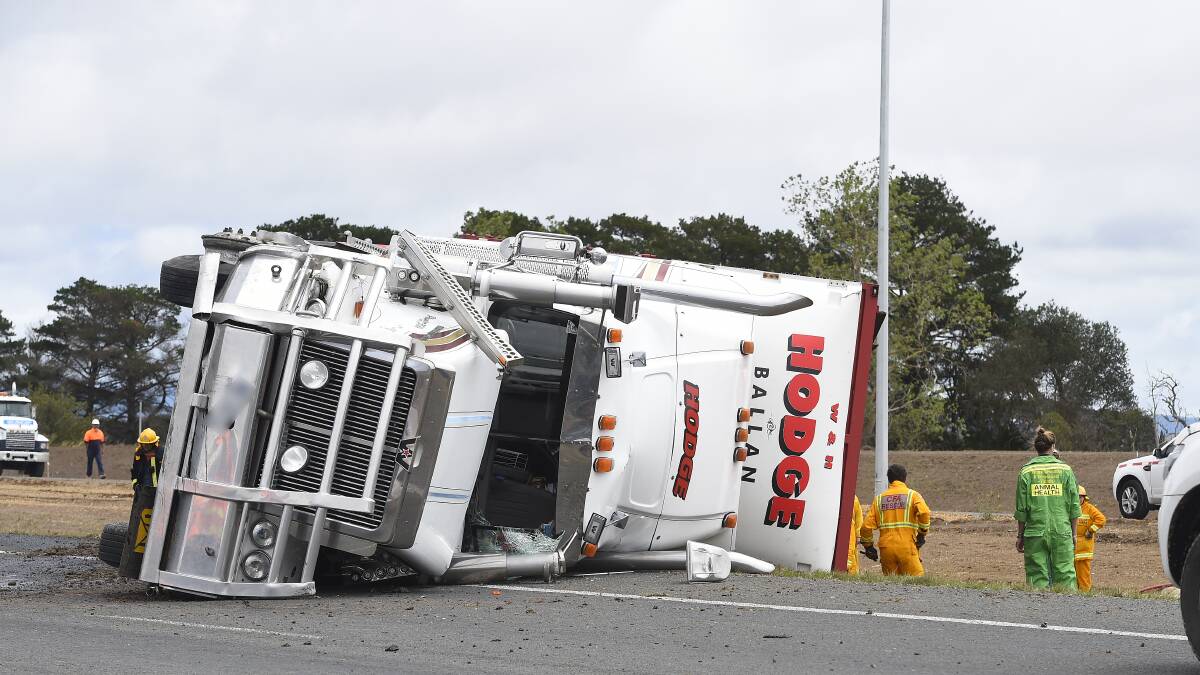 A truck at the scene of a collision on the Western Highway west of Burrumbeet. PICTURE: JUSTIN WHITELOCK