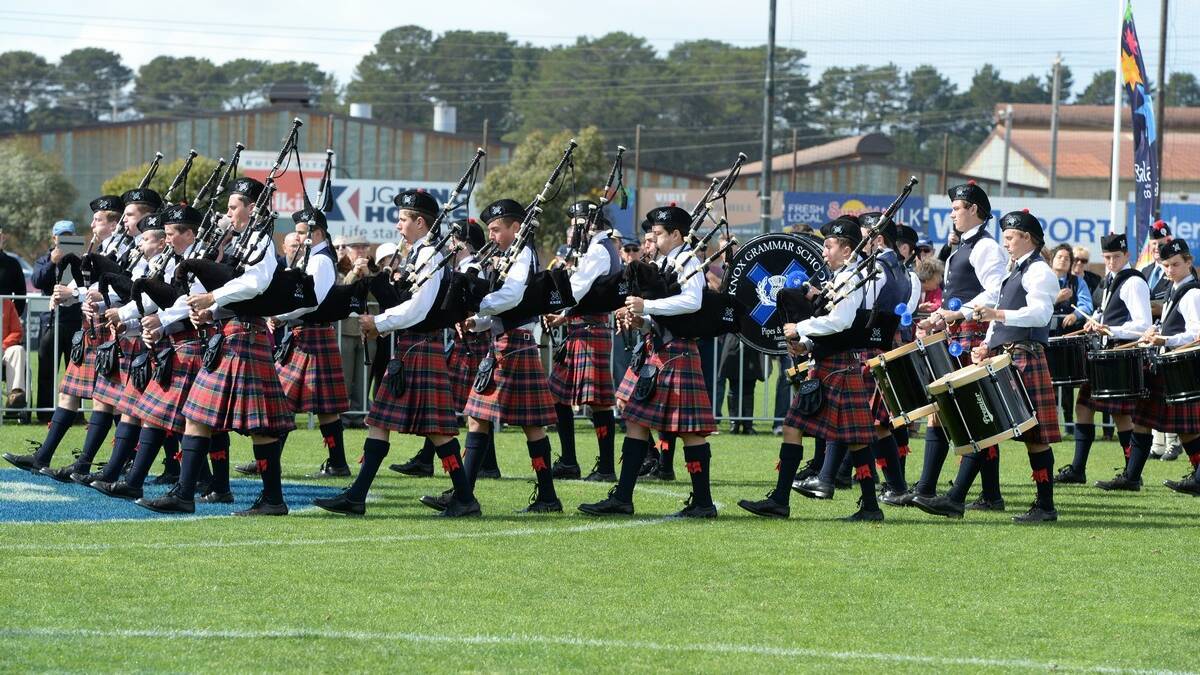 Knox Grammar Pipes and Drums - Australian Pipe Band Championships at Eureka Stadium. Picture Kate Healy 