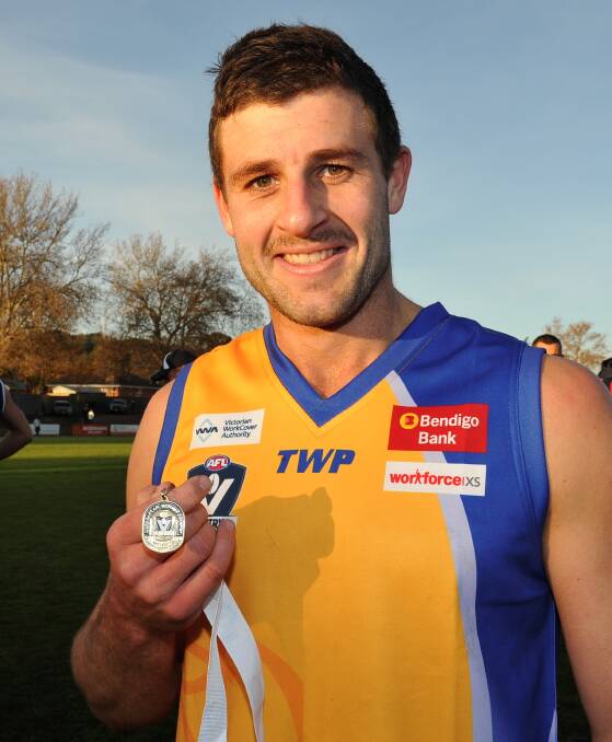 Best on ground medalist Nathan Hobury after swapping jumpers with his Bendigo opponent.