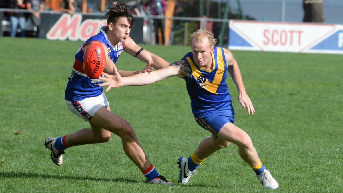 CHFL- Learmonth v Daylesford. Max Risstrom (Daylesford) and Nathan Ross (Learmonth). Photo: Kate Healy